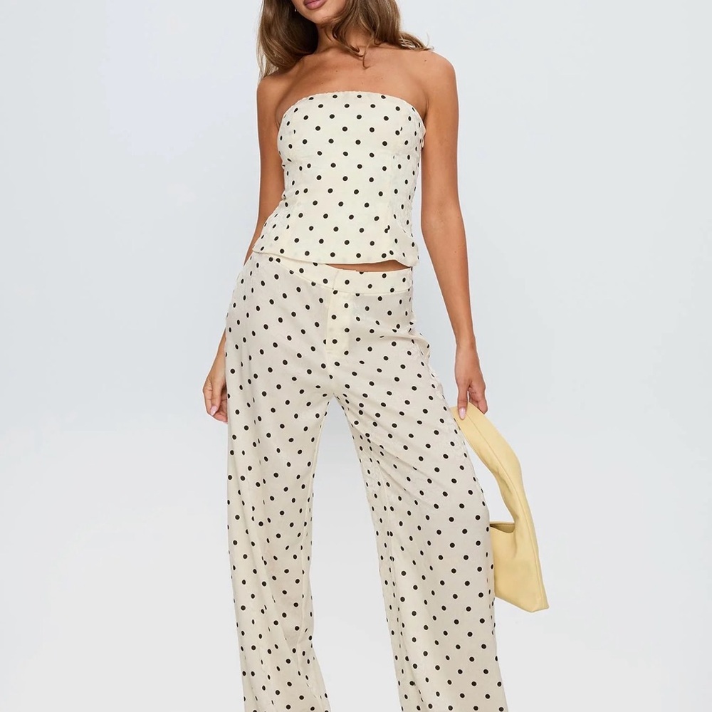 Polka Dot Strapless Jumpsuit - Cream with Black Dots Princess Polly